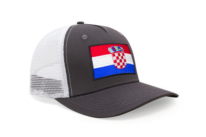 International Tie Country Hat for Men and Women, Adjustable Snapback Trucker Baseball Cap with Embroidered Patch (Croatia, Grey White)