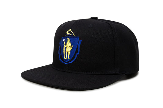 International Tie State Hat for Men and Women, Adjustable Snapback Trucker Baseball Cap with Embroidered Patch (Massachusetts, Black Flatbill) - International Tie