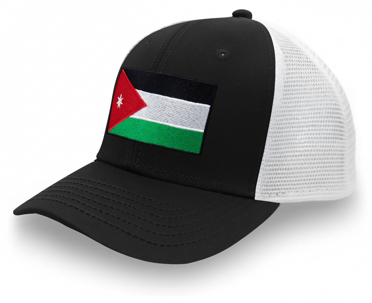 International Tie Country Hat for Men and Women, Adjustable Snapback Trucker Baseball Cap with Embroidered Patch (Jordan, Black White)