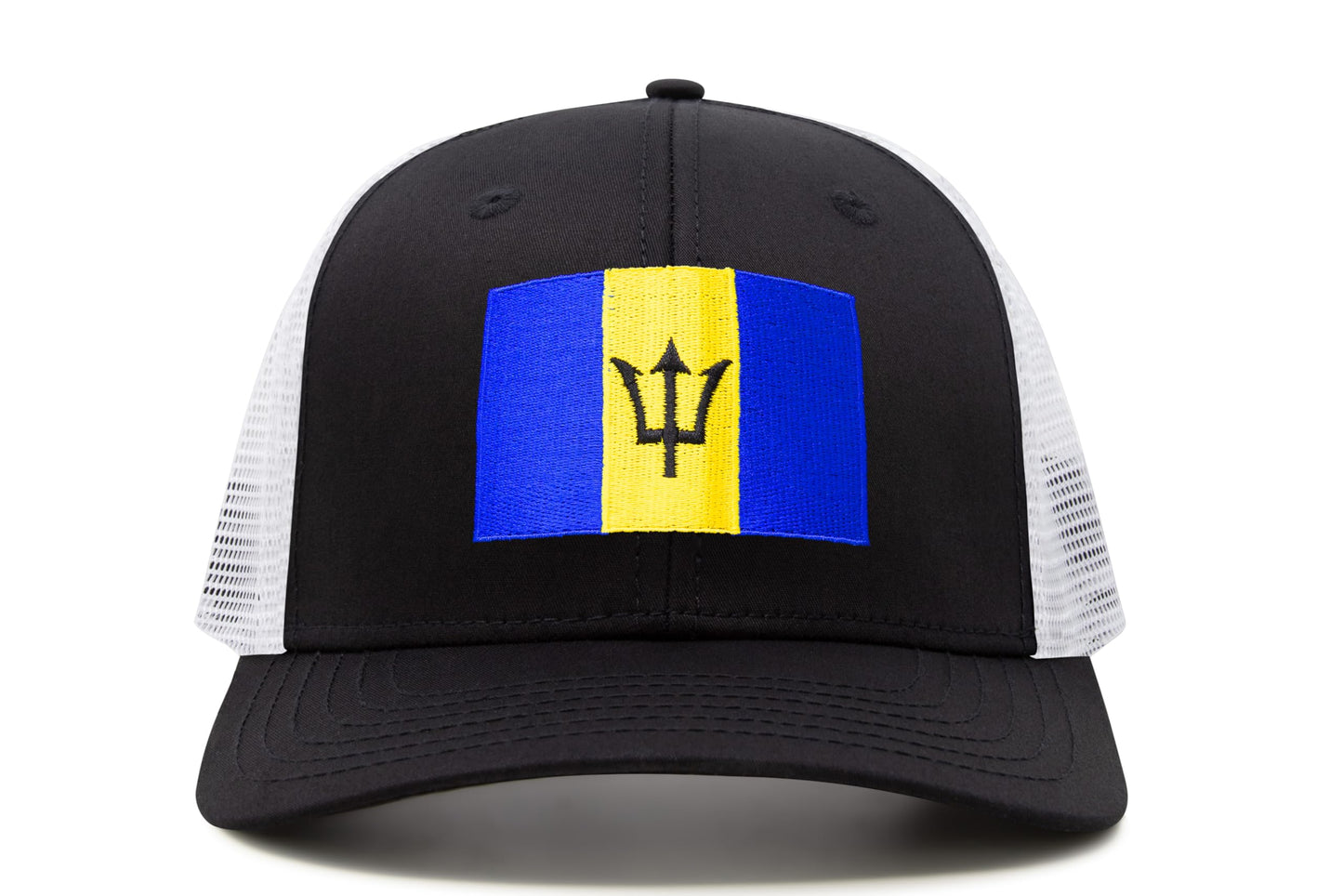 International Tie Country Hat for Men and Women, Adjustable Snapback Trucker Baseball Cap with Embroidered Patch (Barbados, Black White) - International Tie