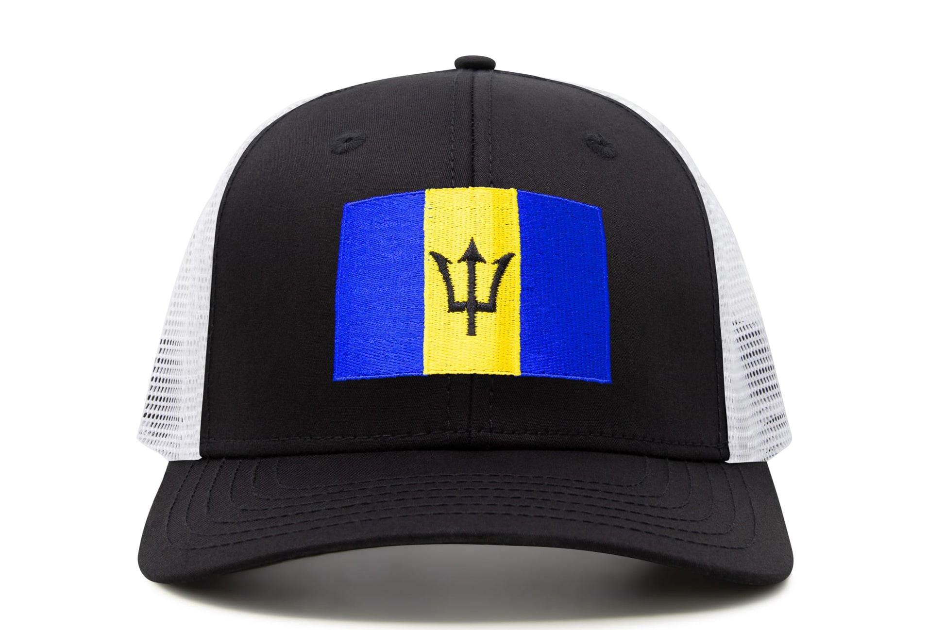 International Tie Country Hat for Men and Women, Adjustable Snapback Trucker Baseball Cap with Embroidered Patch (Barbados, Black White) - International Tie