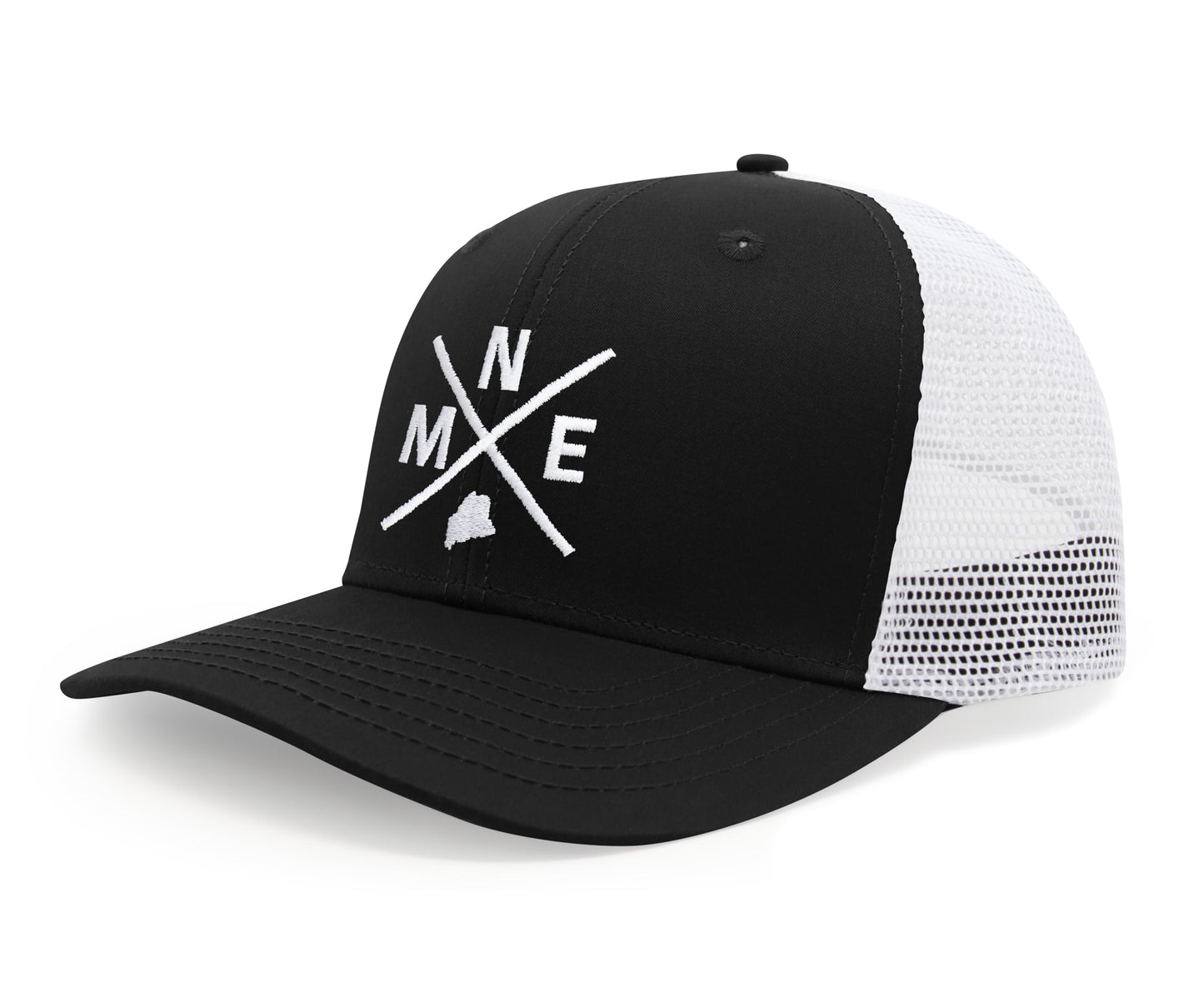 International Tie State City Hat for Men and Women, Snapback Trucker Baseball Cap with Embroidered Cross Logo (MNE - Maine, Black White) - International Tie
