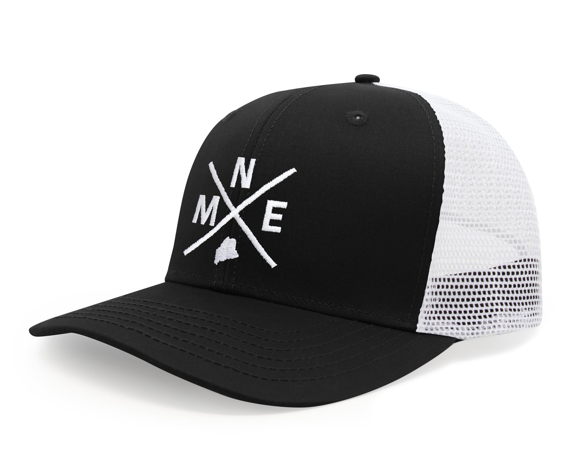 International Tie State City Hat for Men and Women, Snapback Trucker Baseball Cap with Embroidered Cross Logo (MNE - Maine, Black White) - International Tie