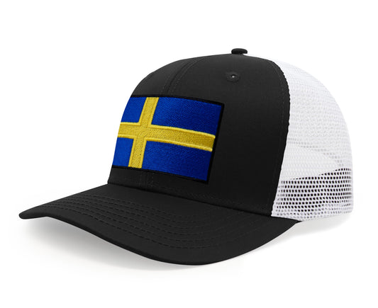 International Tie Swedish Flag Hat for Men and Women - Sweden Snapback Trucker Baseball Cap (Black White)