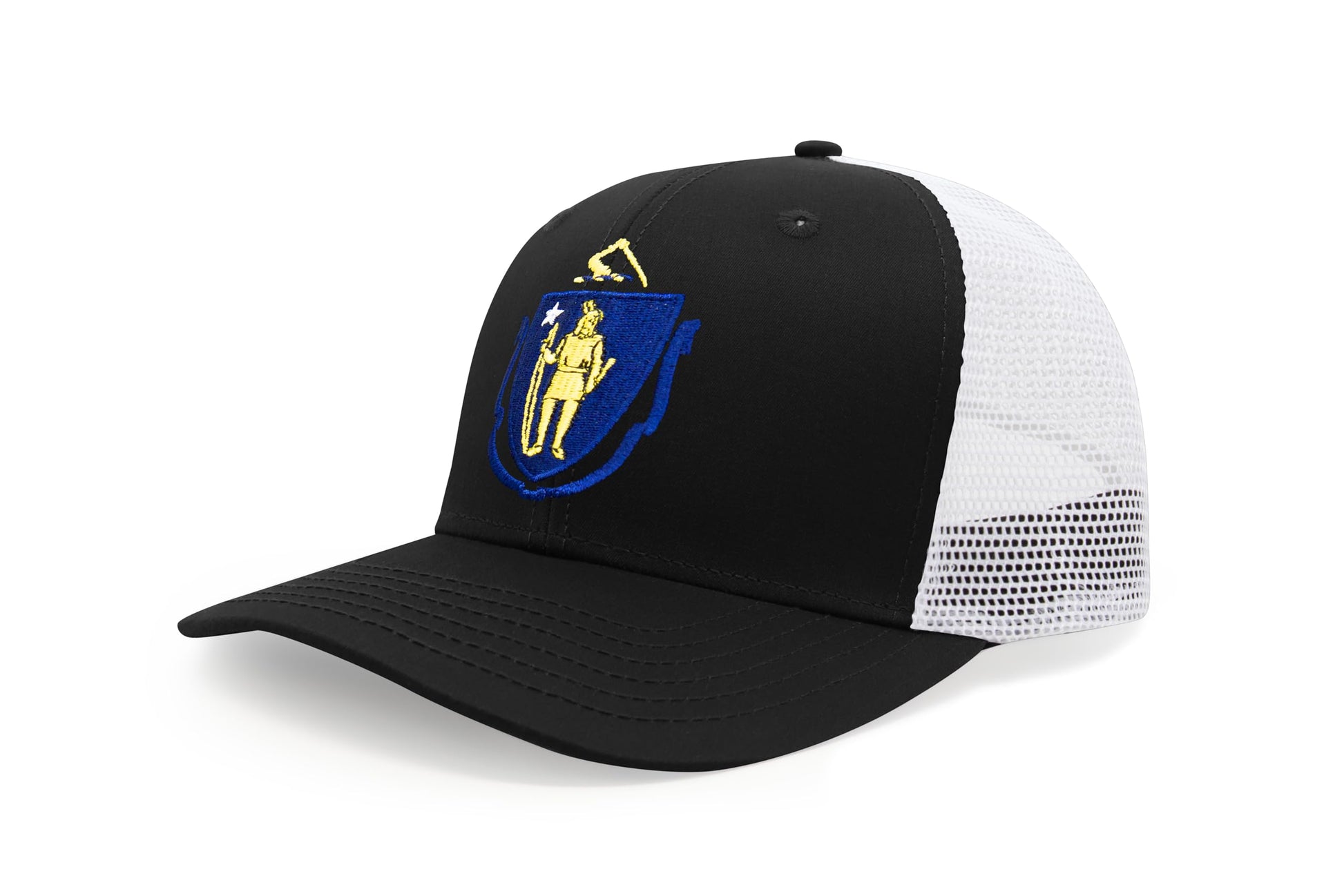 International Tie State Hat for Men and Women, Adjustable Snapback Trucker Baseball Cap with Embroidered Patch (Massachusetts, Black White) - International Tie