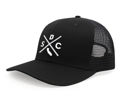 International Tie Hat for Men and Women, Adjustable Snapback Trucker Baseball Cap, Embroidered Cross Logo (SDC - San Diego, All Black)
