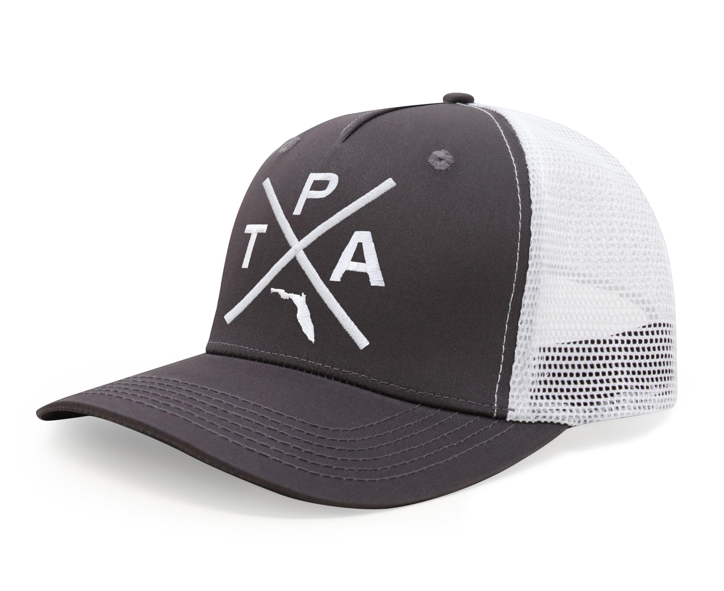 International Tie Hat for Men and Women, Snapback Trucker Baseball Cap, Embroidered Cross Logo (Tampa - TPA, Grey White)