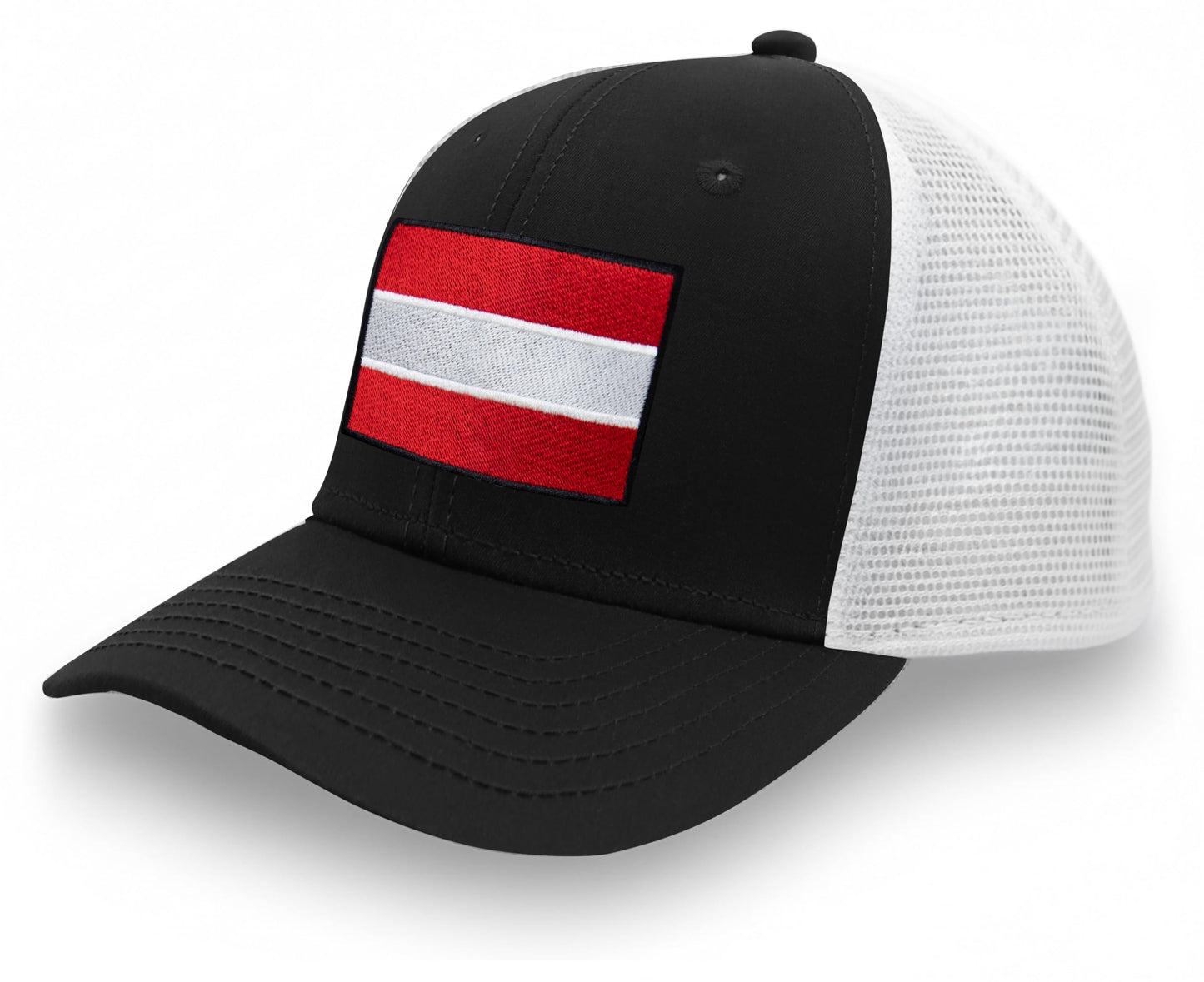 International Tie Country Hat for Men and Women, Adjustable Snapback Trucker Baseball Cap with Embroidered Patch (Austria, Black White)