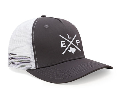 International Tie Hat for Men and Women, ELP Snapback Trucker Baseball Cap, Embroidered Cross Logo (ELP - El Paso, Grey White)