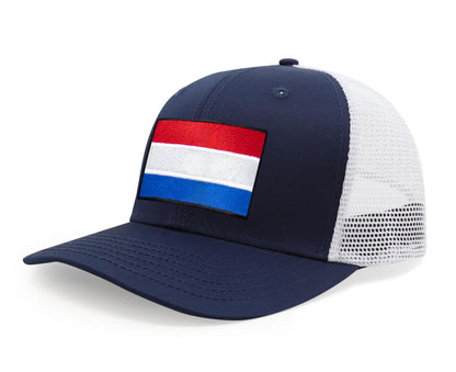 International Tie Netherlands Flag Hat for Men and Women - Adjustable Snapback Trucker Baseball Cap (Navy White)