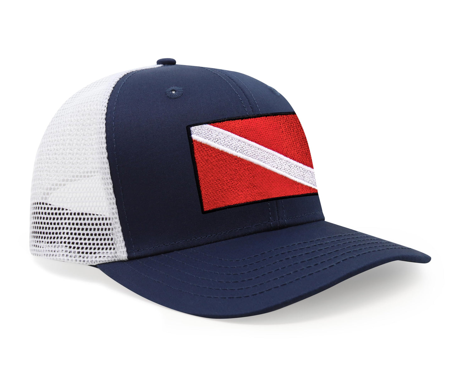 International Tie Scuba Diver Hat for Men and Women, Adjustable Snapback Trucker Baseball Cap with Embroidered Scuba Flag (Navy White)