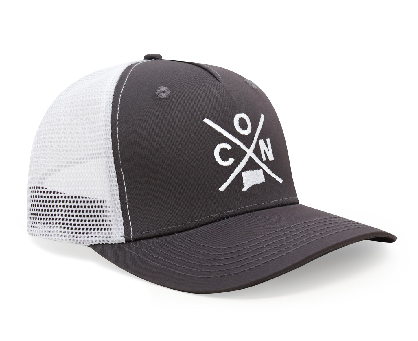 International Tie State City Hat for Men and Women, Snapback Trucker Baseball Cap with Embroidered Cross Logo (Connecticut - CON, Grey White)