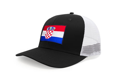 International Tie Country Hat for Men and Women, Adjustable Snapback Trucker Baseball Cap with Embroidered Patch (Croatia, Black White)