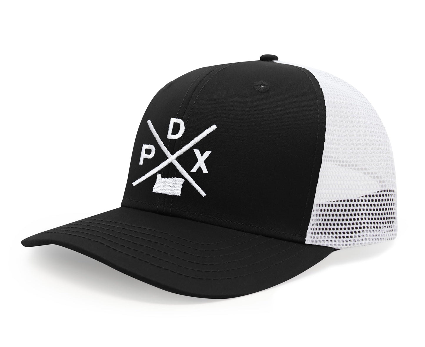 International Tie Hat for Men and Women, Snapback Trucker Baseball Cap, Embroidered Cross Logo (PDX - Portland, Black White) - International Tie