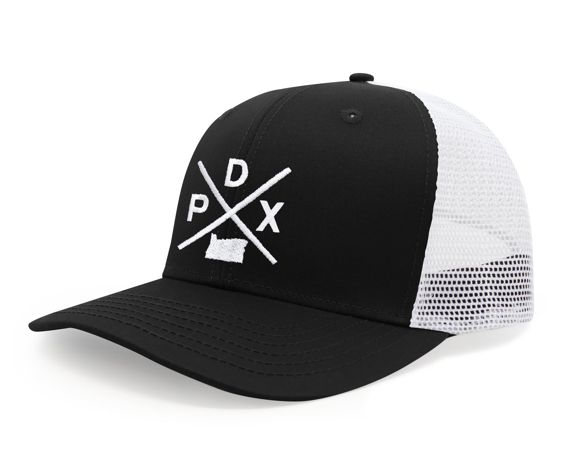 International Tie Hat for Men and Women, Snapback Trucker Baseball Cap, Embroidered Cross Logo (PDX - Portland, Black White) - International Tie