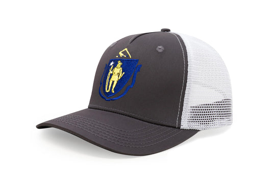 International Tie State Hat for Men and Women, Adjustable Snapback Trucker Baseball Cap with Embroidered Patch (Massachusetts, Grey White) - International Tie