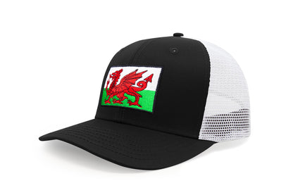 International Tie Country Hat for Men and Women, Adjustable Snapback Trucker Baseball Cap with Embroidered Patch (Wales, Black White)