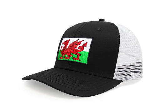 International Tie Country Hat for Men and Women, Adjustable Snapback Trucker Baseball Cap with Embroidered Patch (Wales, Black White)