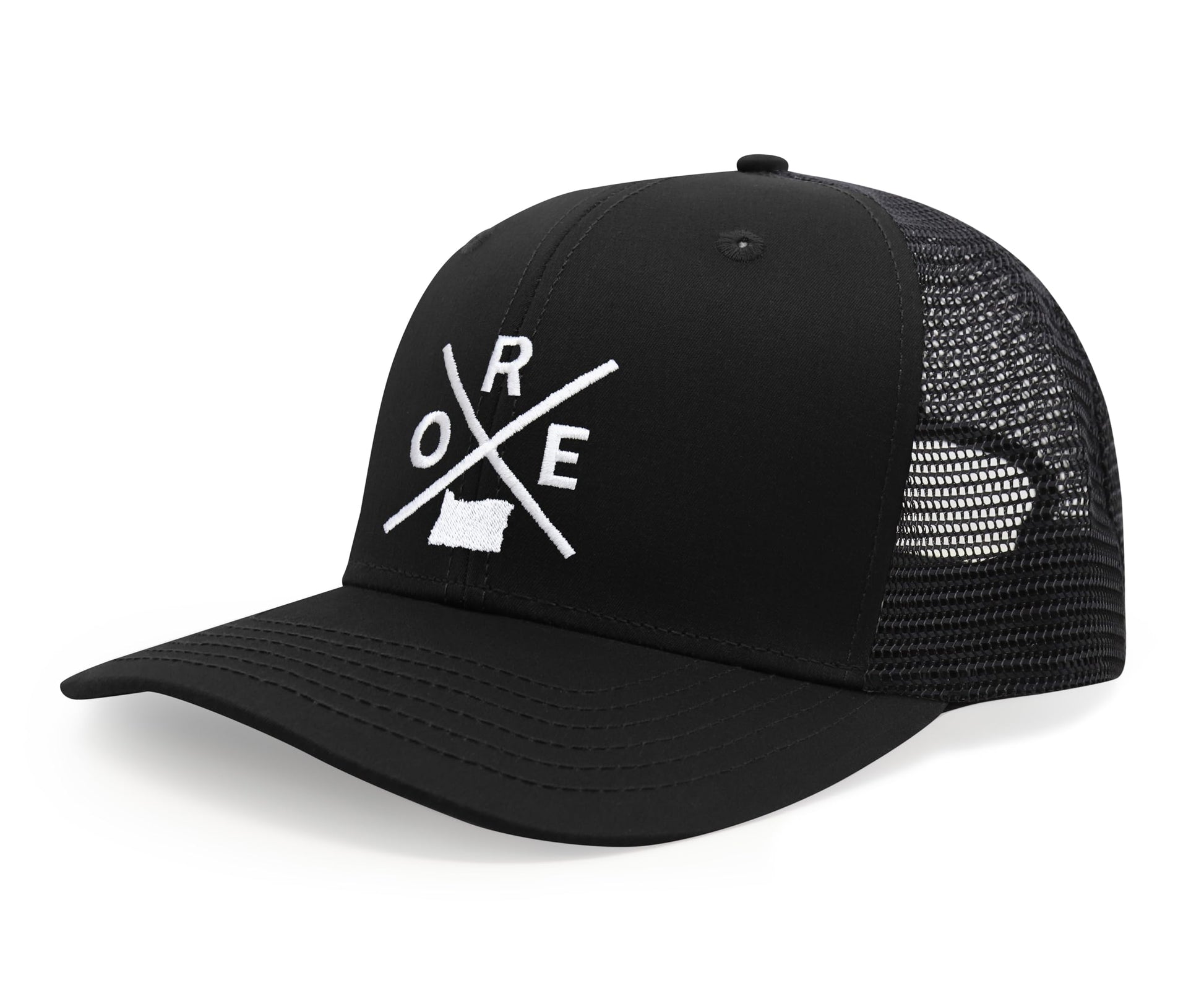 International Tie Hat for Men and Women, Snapback Trucker Baseball Cap, Embroidered Cross Logo (ORE - Oregon, All Black) - International Tie