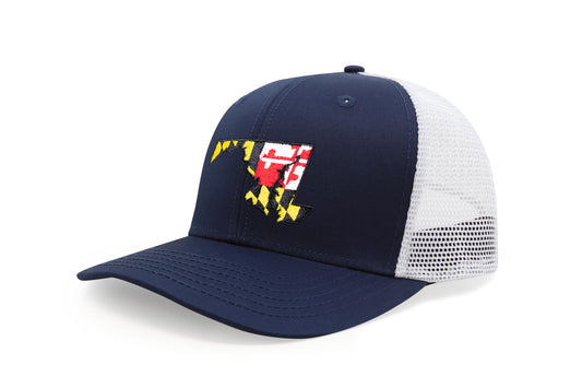 International Tie Stateline Flag Hat for Men and Women - Snapback Trucker Baseball Cap (Maryland, Navy White)