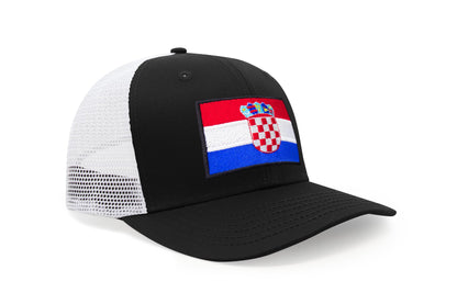 International Tie Country Hat for Men and Women, Adjustable Snapback Trucker Baseball Cap with Embroidered Patch (Croatia, Black White)