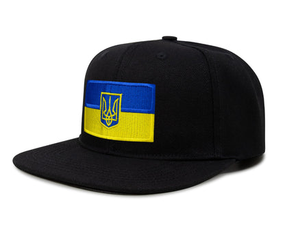 International Tie Country Hat for Men and Women, Adjustable Snapback Trucker Baseball Cap with Embroidered Patch (Ukraine, Black Flatbill)