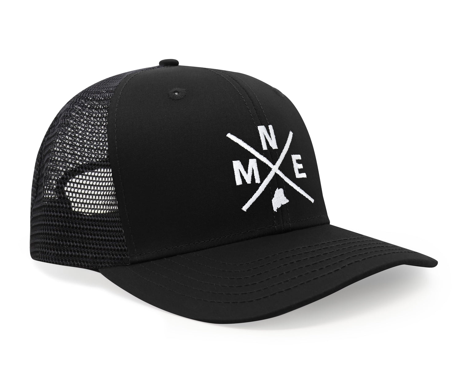International Tie State City Hat for Men and Women, Snapback Trucker Baseball Cap with Embroidered Cross Logo (MNE - Maine, All Black) - International Tie