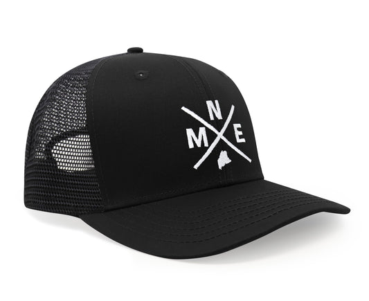 International Tie State City Hat for Men and Women, Snapback Trucker Baseball Cap with Embroidered Cross Logo (MNE - Maine, All Black) - International Tie