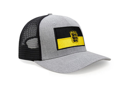 International Tie State Hat for Men and Women, Adjustable Snapback Trucker Baseball Cap with Embroidered Patch (Baden-Wurttemberg, Grey Black)