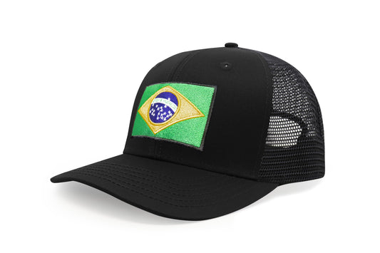 International Tie Country Hat for Men and Women, Adjustable Snapback Trucker Baseball Cap with Embroidered Patch (Brazil, All Black)