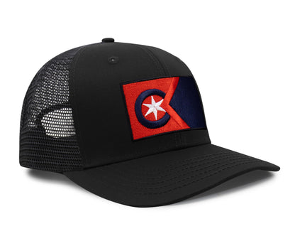 International Tie Cleveland Flag Hat for Men and Women - Adjustable Snapback Trucker Baseball Cap (All Black)