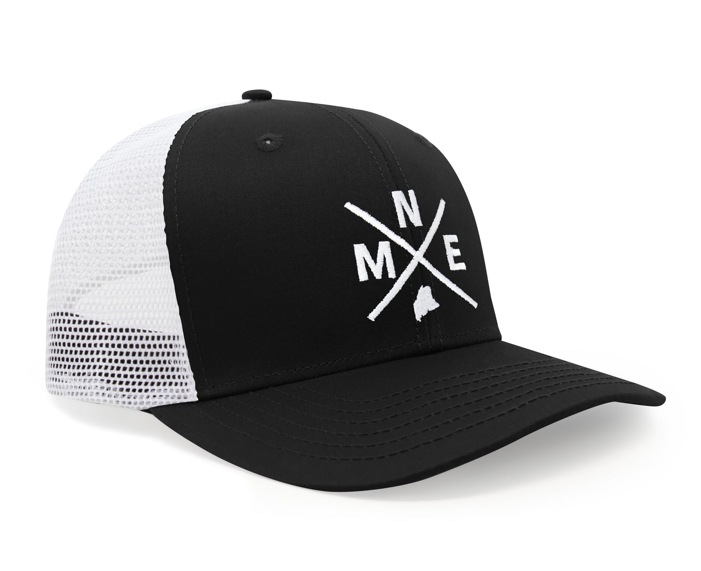 International Tie State City Hat for Men and Women, Snapback Trucker Baseball Cap with Embroidered Cross Logo (MNE - Maine, Black White) - International Tie