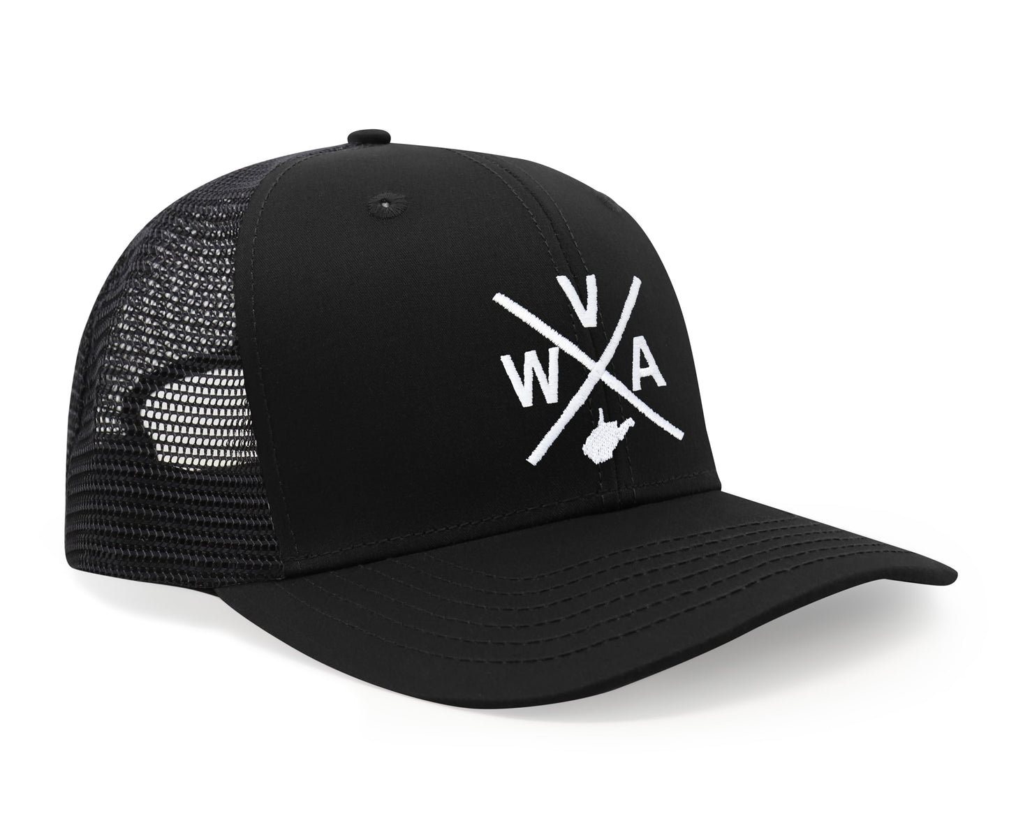 International Tie State City Hat for Men and Women, Snapback Trucker Baseball Cap with Embroidered Cross Logo (West Virginia - WVA, All Black) - International Tie