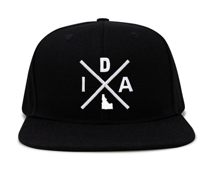 International Tie Hat for Men and Women, Adjustable Snapback Trucker Baseball Cap, Embroidered Cross Logo (IDA - Idaho, Black Flatbill)