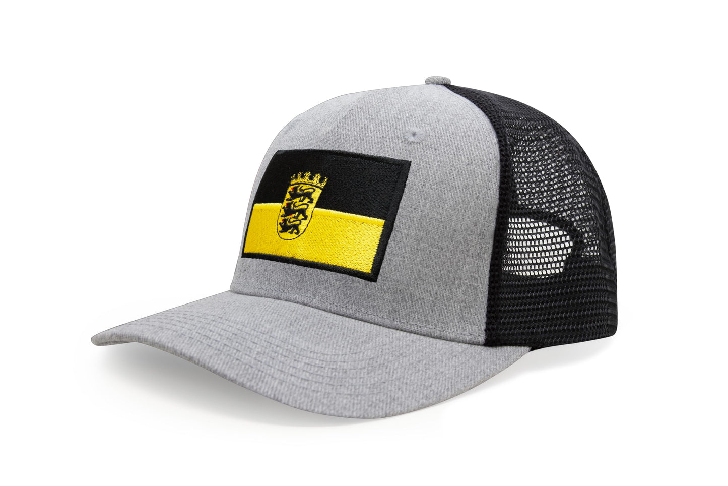 International Tie State Hat for Men and Women, Adjustable Snapback Trucker Baseball Cap with Embroidered Patch (Baden-Wurttemberg, Grey Black)