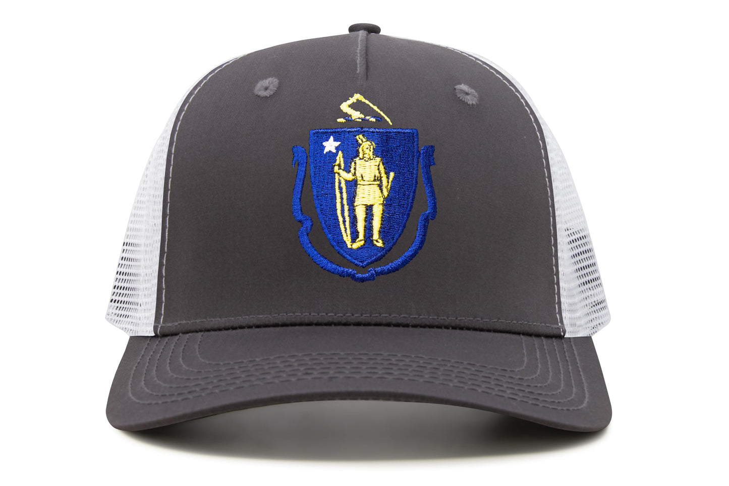 International Tie State Hat for Men and Women, Adjustable Snapback Trucker Baseball Cap with Embroidered Patch (Massachusetts, Grey White) - International Tie