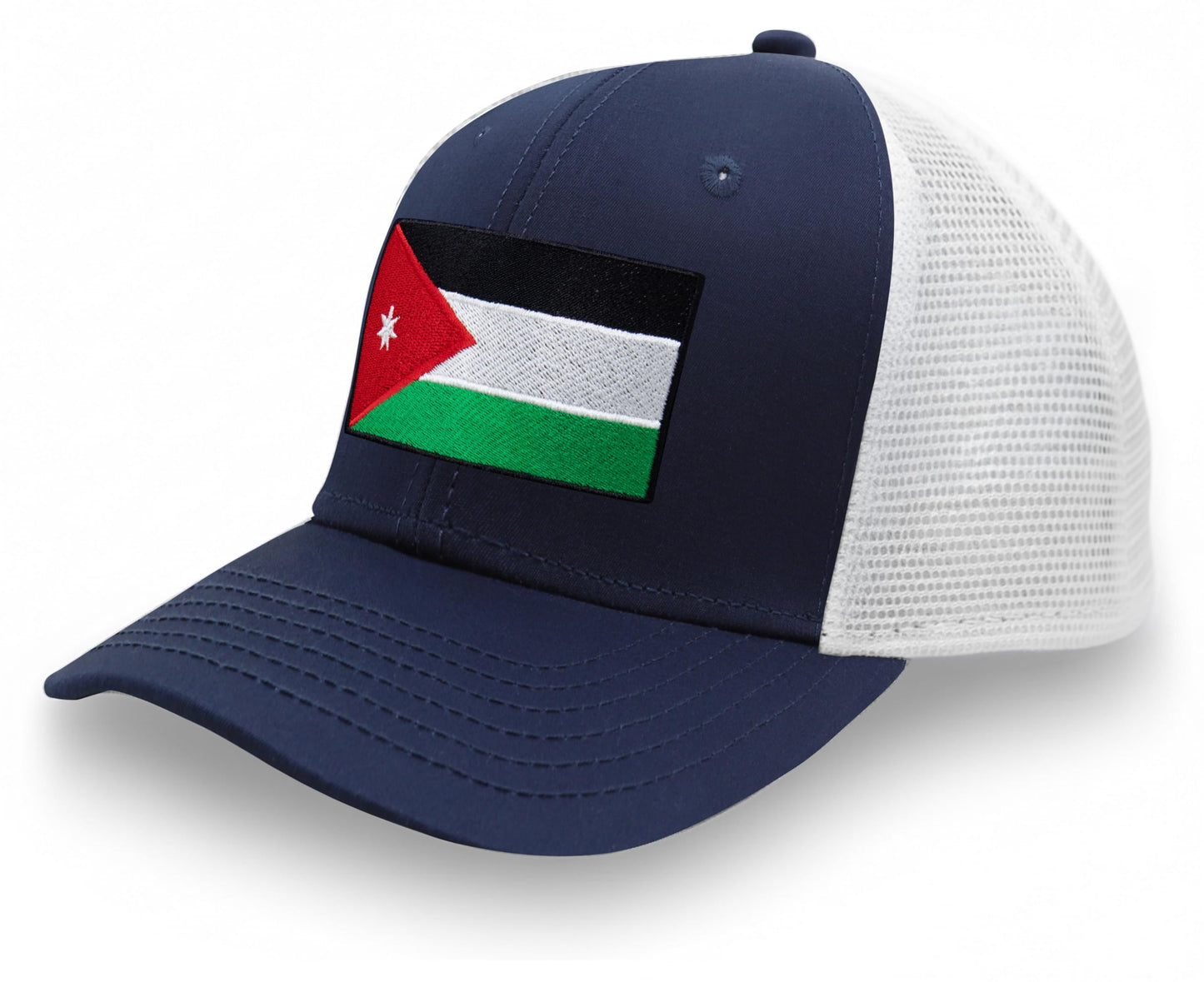International Tie Country Hat for Men and Women, Adjustable Snapback Trucker Baseball Cap with Embroidered Patch (Jordan, Navy White)