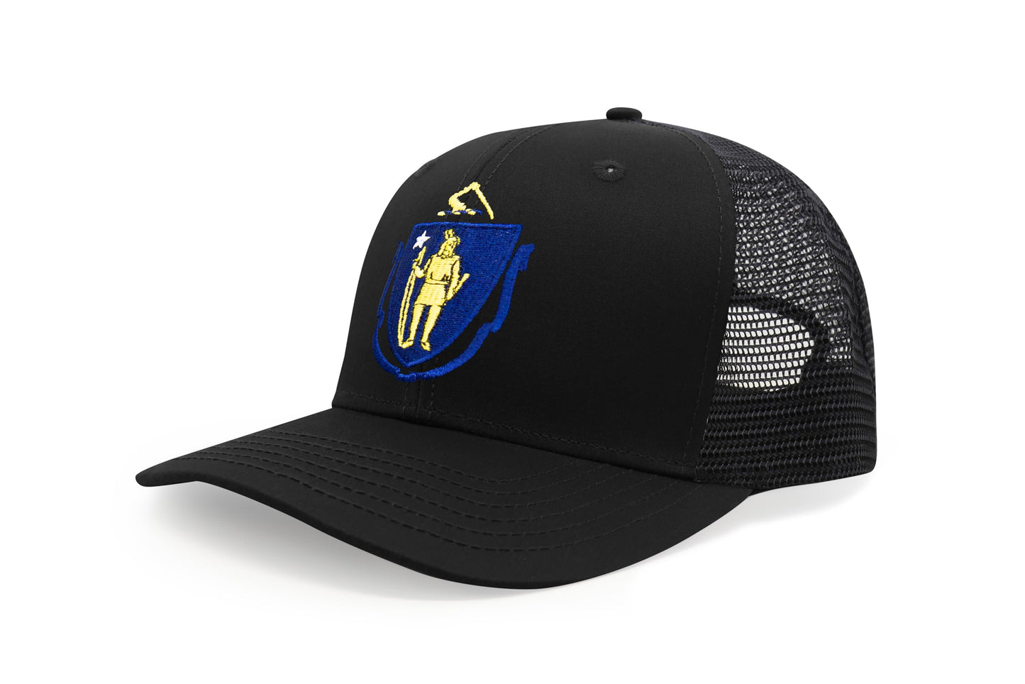 International Tie State Hat for Men and Women, Adjustable Snapback Trucker Baseball Cap with Embroidered Patch (Massachusetts, All Black) - International Tie