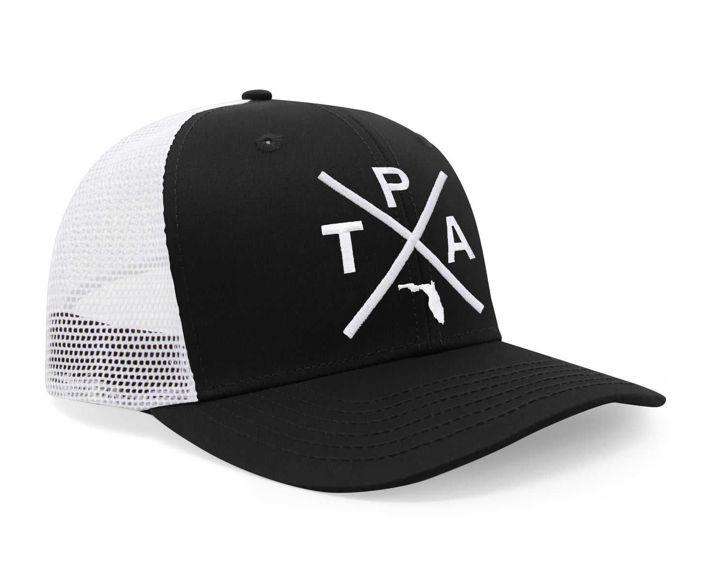 International Tie Hat for Men and Women, Snapback Trucker Baseball Cap, Embroidered Cross Logo (Tampa - TPA, Black White)