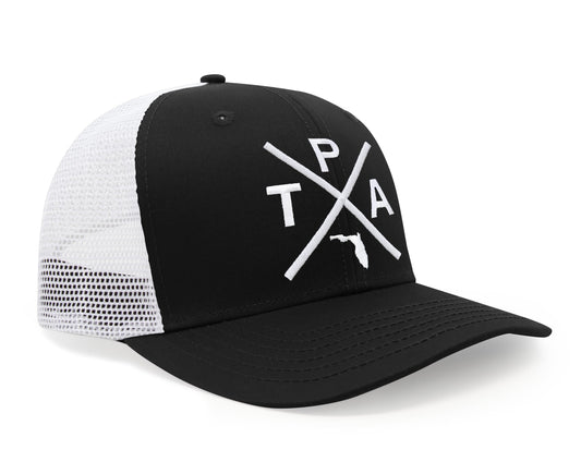 International Tie Hat for Men and Women, Snapback Trucker Baseball Cap, Embroidered Cross Logo (Tampa - TPA, Black White)