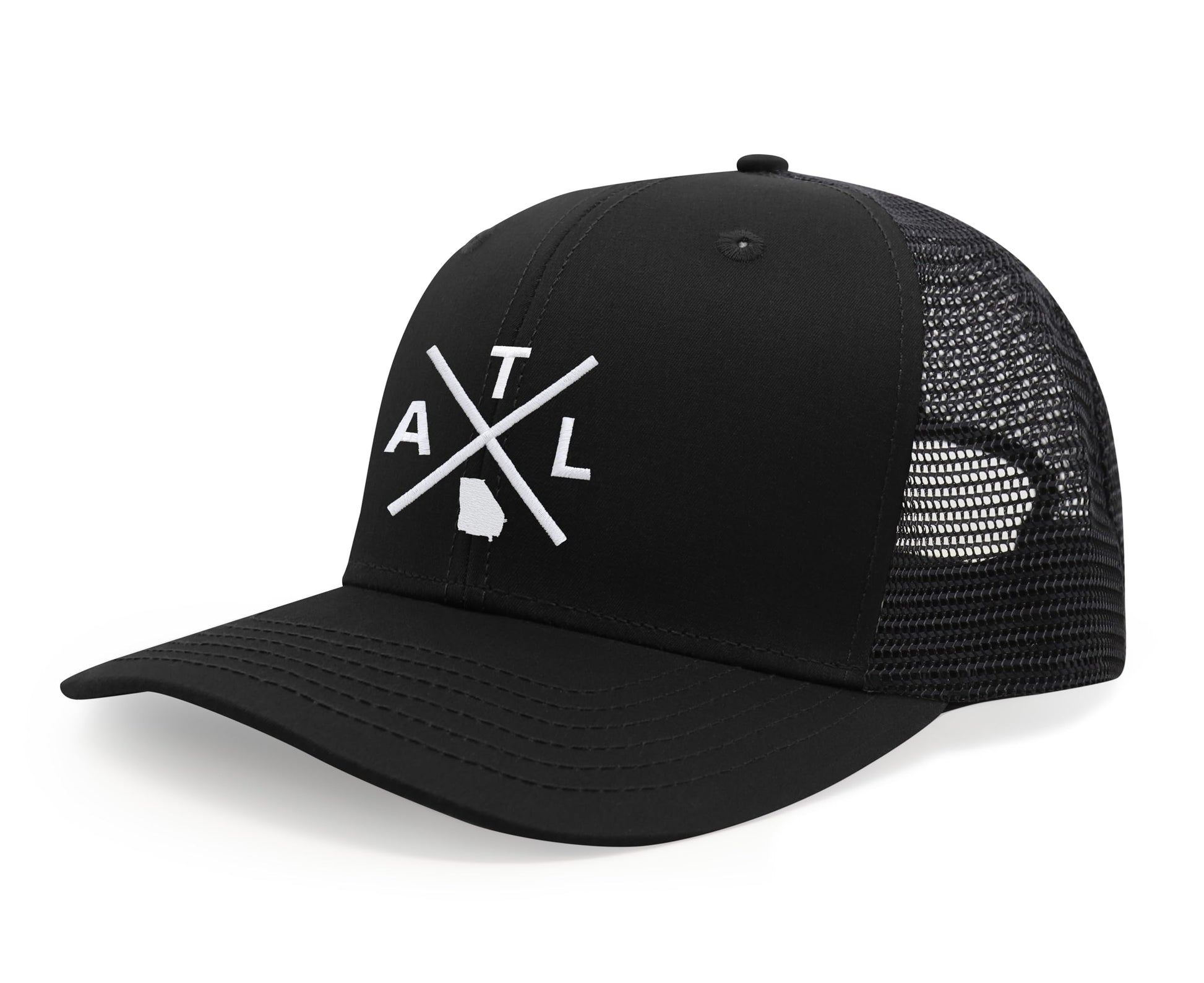 International Tie Hat for Men and Women, Snapback Trucker Baseball Cap, Embroidered Cross Logo (ATL - Atlanta, All Black) - International Tie