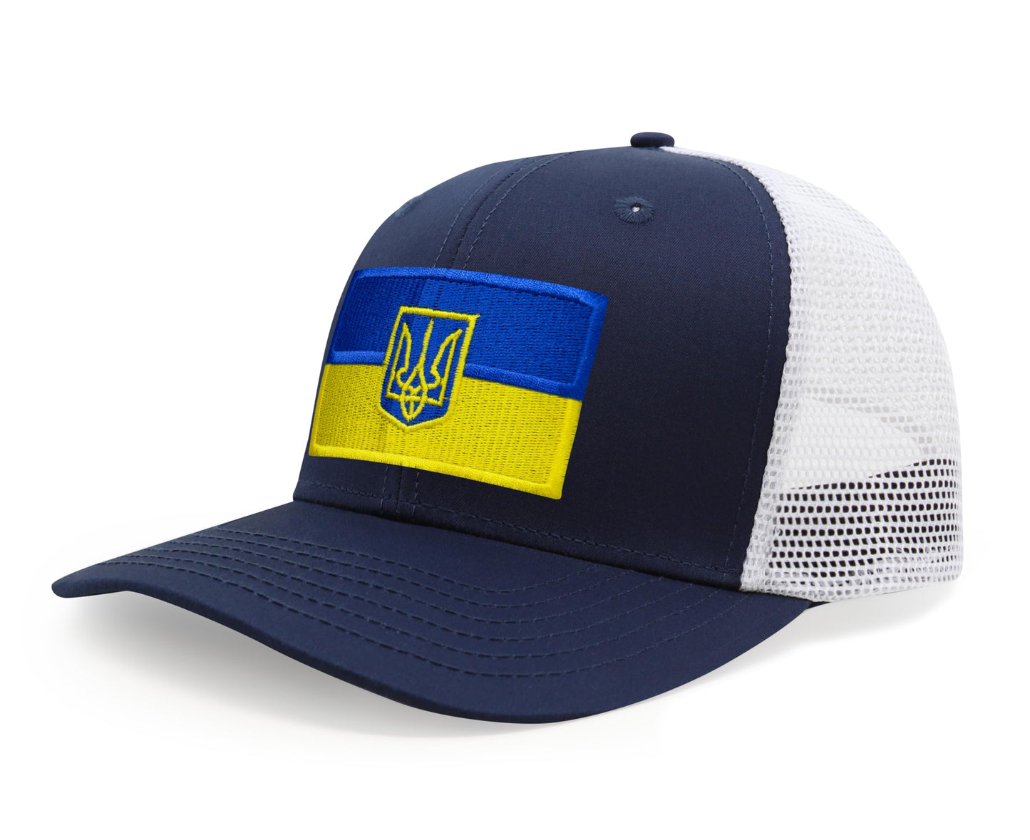 International Tie Country Hat for Men and Women, Adjustable Snapback Trucker Baseball Cap with Embroidered Patch (Ukraine, Navy White)