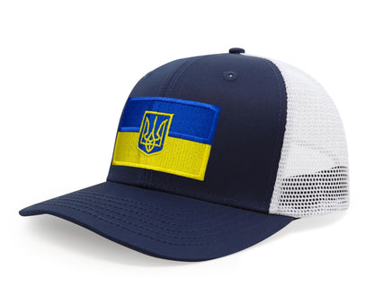International Tie Country Hat for Men and Women, Adjustable Snapback Trucker Baseball Cap with Embroidered Patch (Ukraine, Navy White)