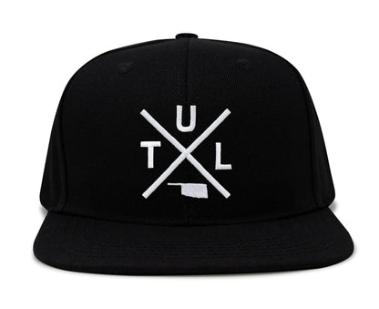 International Tie Hat for Men and Women, TUL Snapback Trucker Baseball Cap, Embroidered Cross Logo (TUL - Tulsa, Black Flatbill)