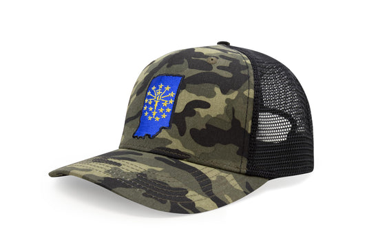 International Tie Stateline Flag Hat for Men and Women - Snapback Trucker Baseball Cap (Indiana, Camouflage) - International Tie