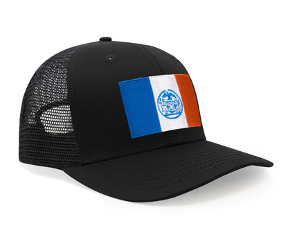 International Tie New York City Flag Hat for Men and Women - Adjustable Snapback Trucker Baseball Cap (All Black)