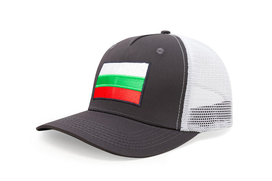 International Tie Country Hat for Men and Women, Adjustable Snapback Trucker Baseball Cap with Embroidered Patch (Bulgaria, Grey White)