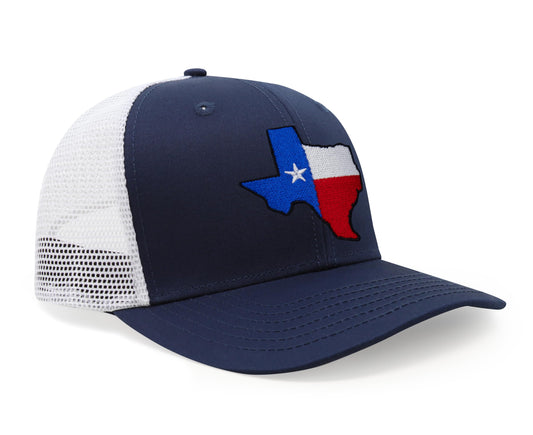 International Tie Hat for Men and Women, Adjustable Snapback Trucker Baseball Cap with Embroidered Patch (Texas, Navy White)