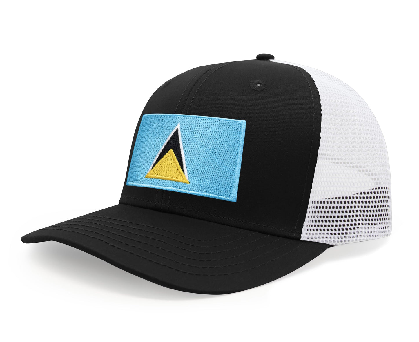 International Tie Country Hat for Men and Women, Adjustable Snapback Trucker Baseball Cap with Embroidered Patch (Saint Lucia, Black White) - International Tie