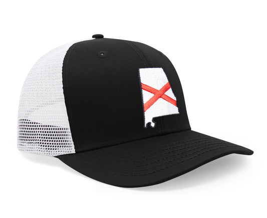 International Tie Stateline Flag Hat for Men and Women - Snapback Trucker Baseball Cap (Alabama, Black White)